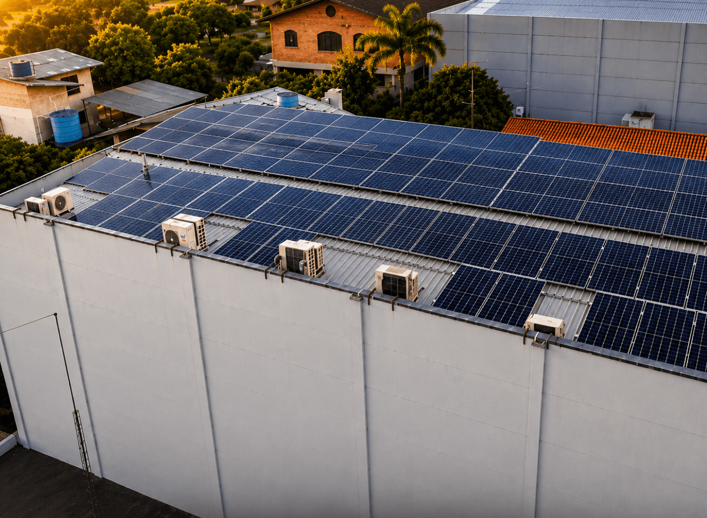 Vista aérea de uma instalação de painéis solares feita pela LJR em Caxias do Sul